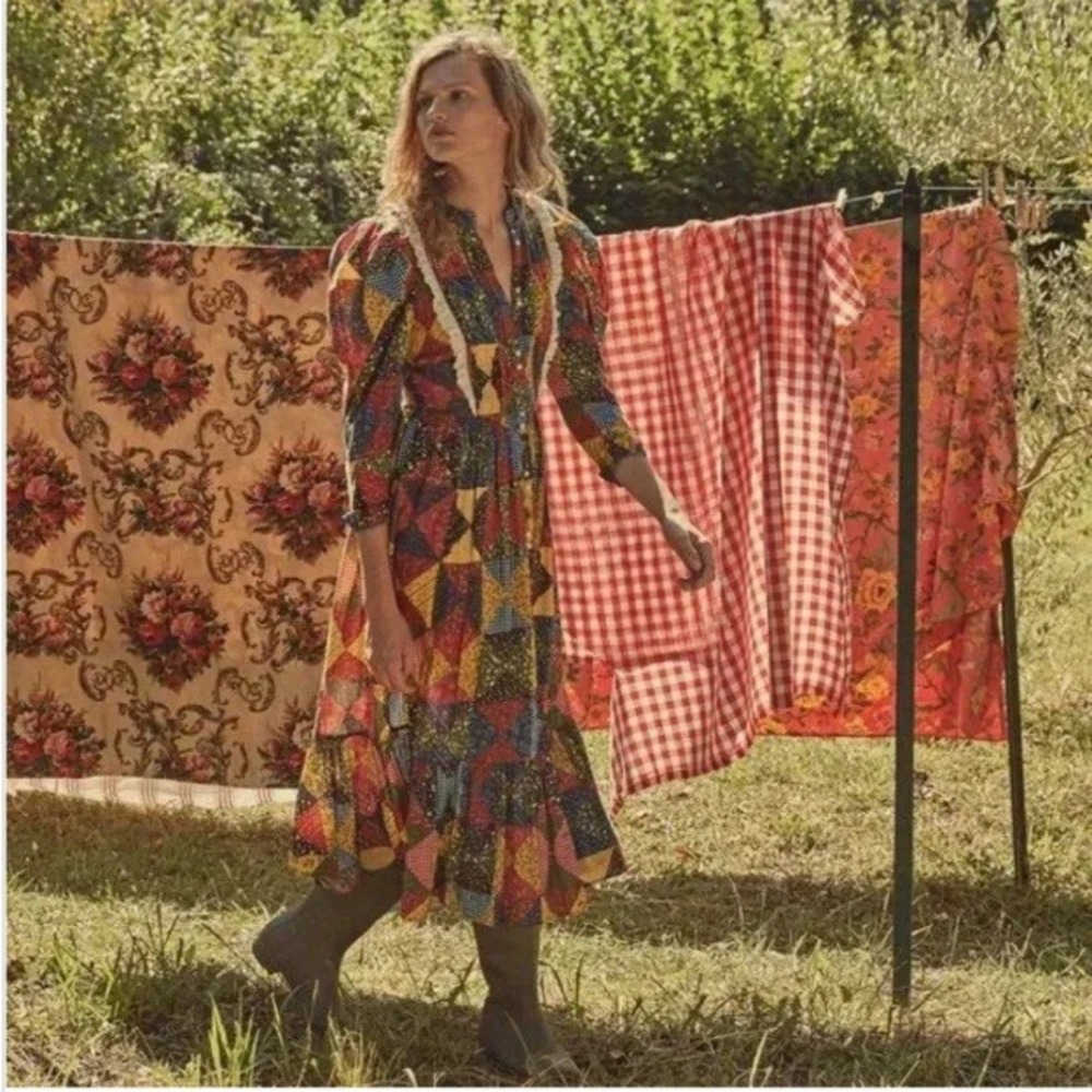 DOEN Nicolette Dress Countryside Patchwork Print Organic Cotton Boho Romantic XS